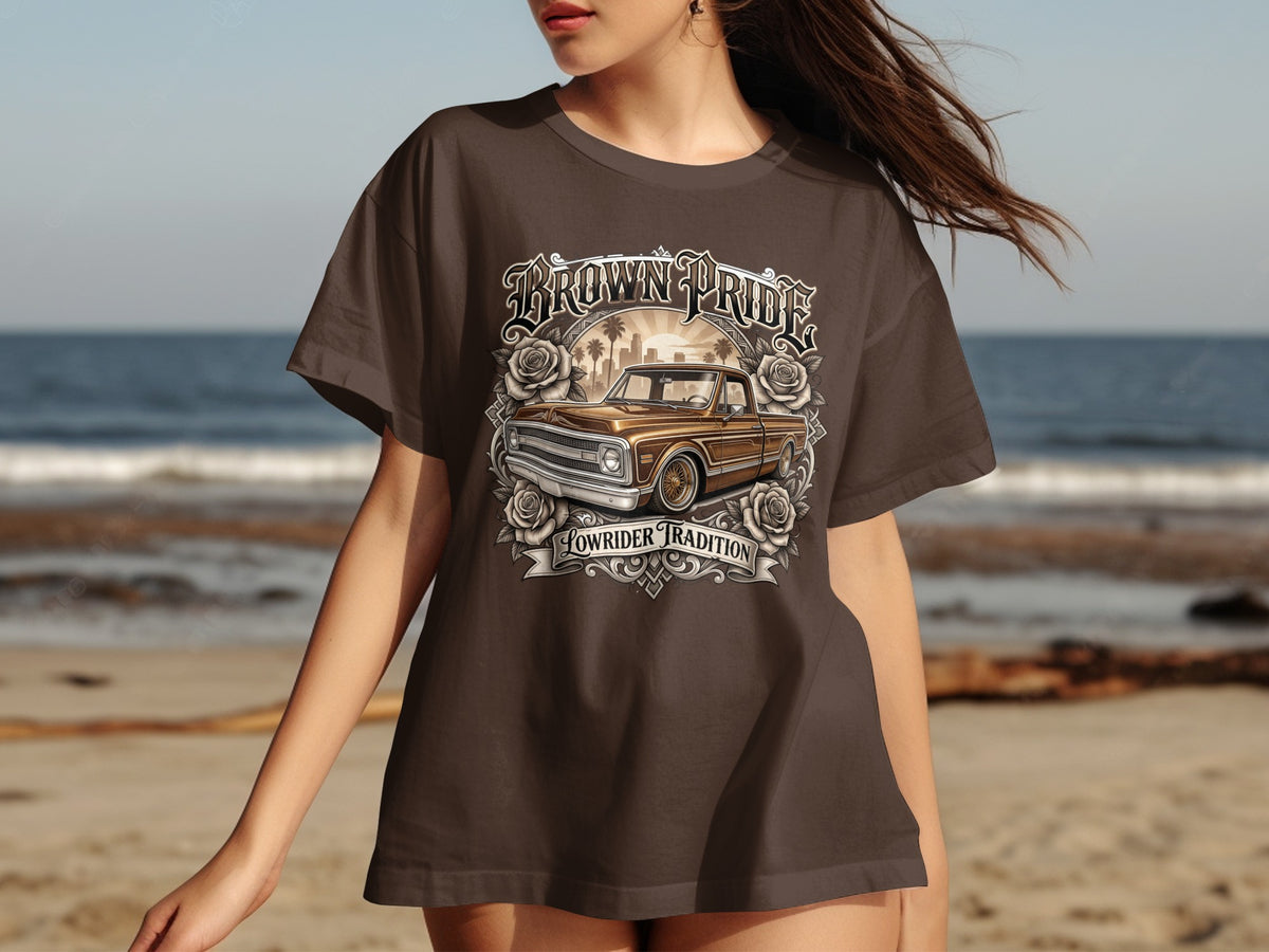 Brown Pride Lowrider Tradition graphic on a brown t-shirt.