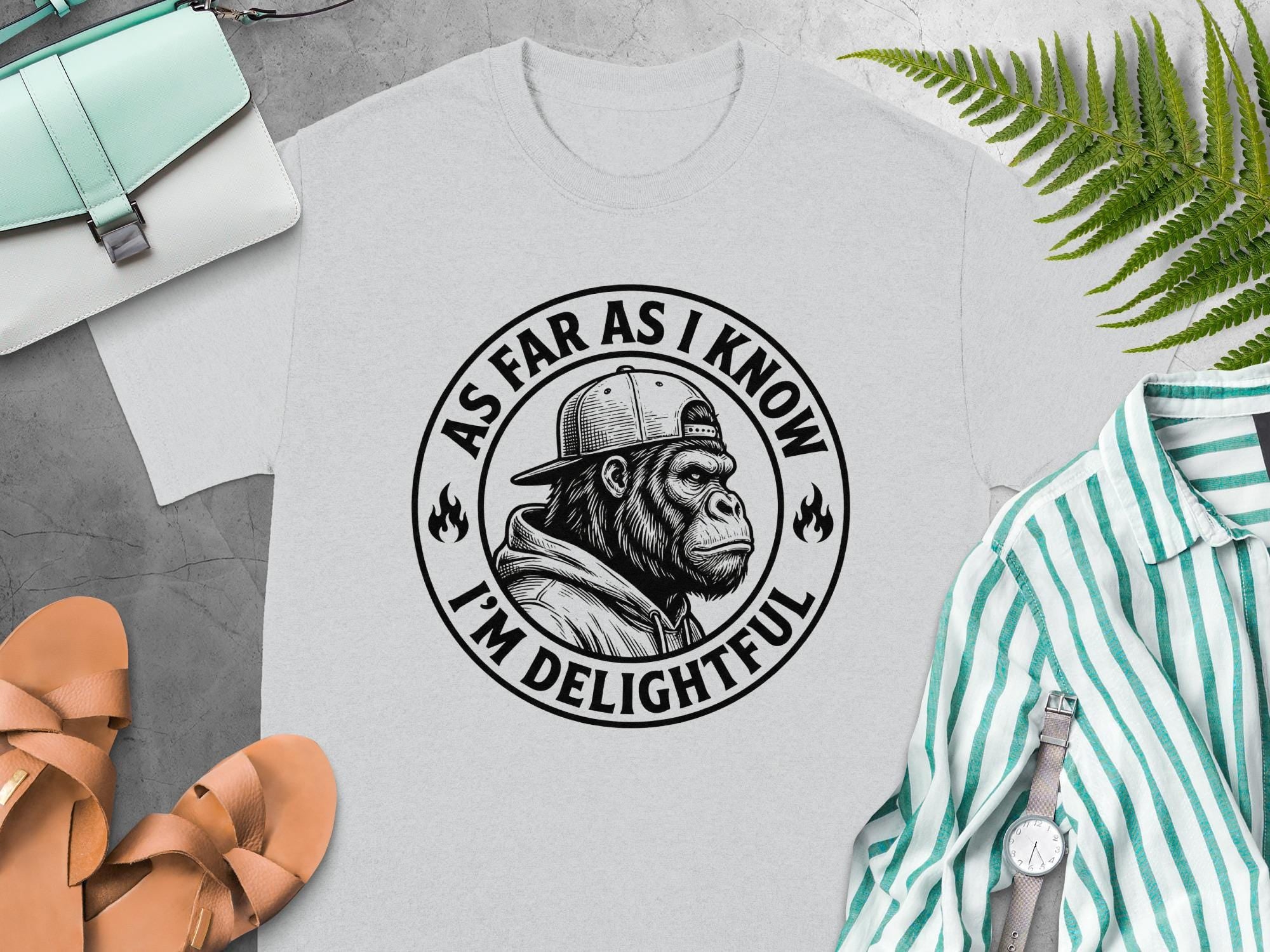 Delightful Gorilla T-Shirts, Funny Ape with Backward Cap Tee, Sarcastic Quote Apparel, Grumpy Animal Graphic, Witty Text Top