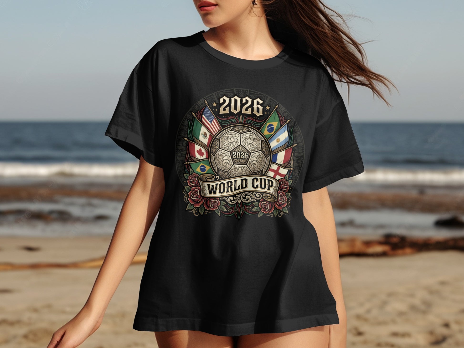 Black t-shirt with 2026 World Cup logo featuring flags, soccer ball, and roses.