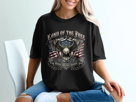 Black t-shirt with "Land of the Free, Home of the Brave" eagle and flag design.