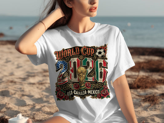 World Cup 2026 USA-Canada-Mexico graphic t-shirt with soccer ball and floral accents.