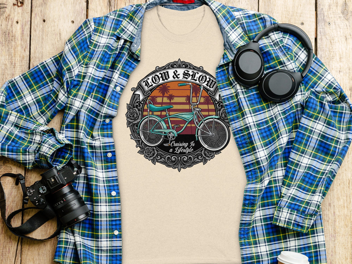 T-shirt with "Low & Slow Cruising Is a Lifestyle" graphic and vintage bicycle.