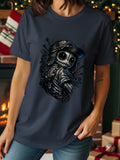 Dark blue t-shirt featuring a stylized doll character with stitch details.