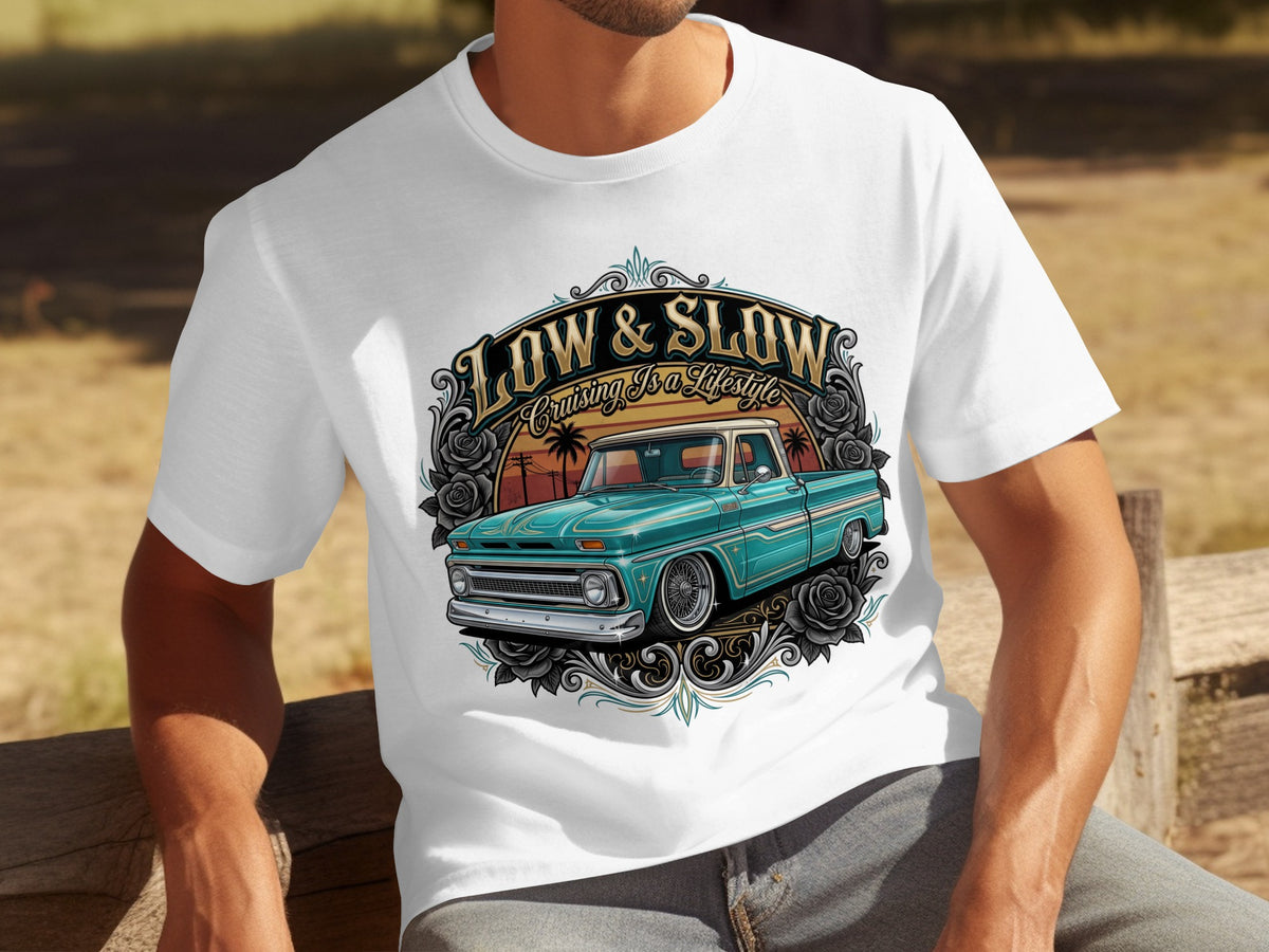 White t-shirt featuring a teal vintage truck with "Low & Slow Cruising Is A Lifestyle" text.