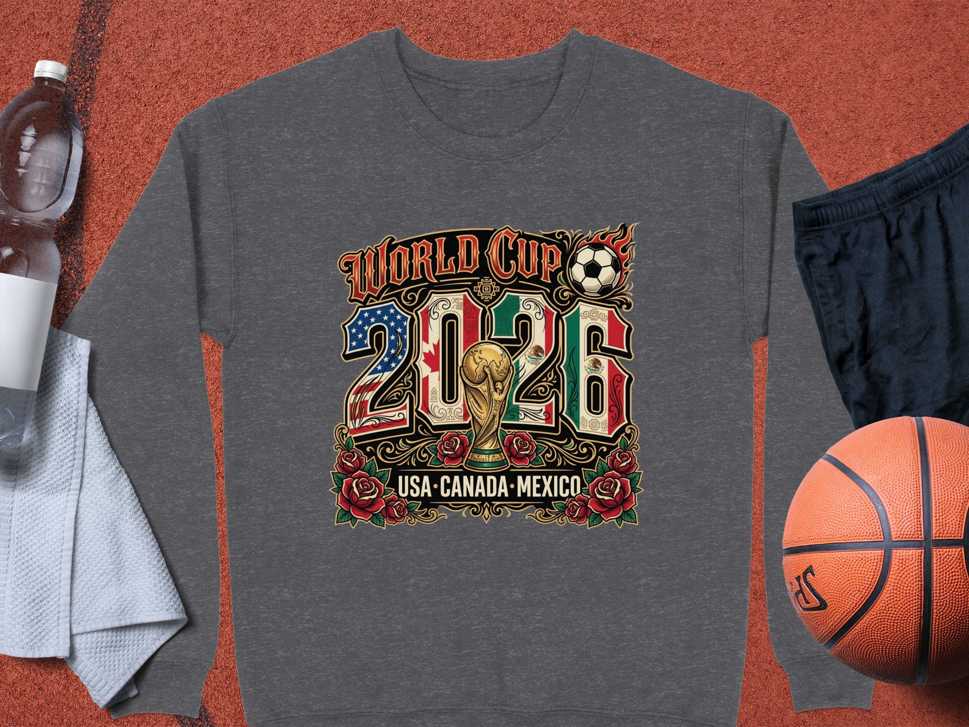 World Cup 2026 USA-Canada-Mexico graphic on a gray sweatshirt.