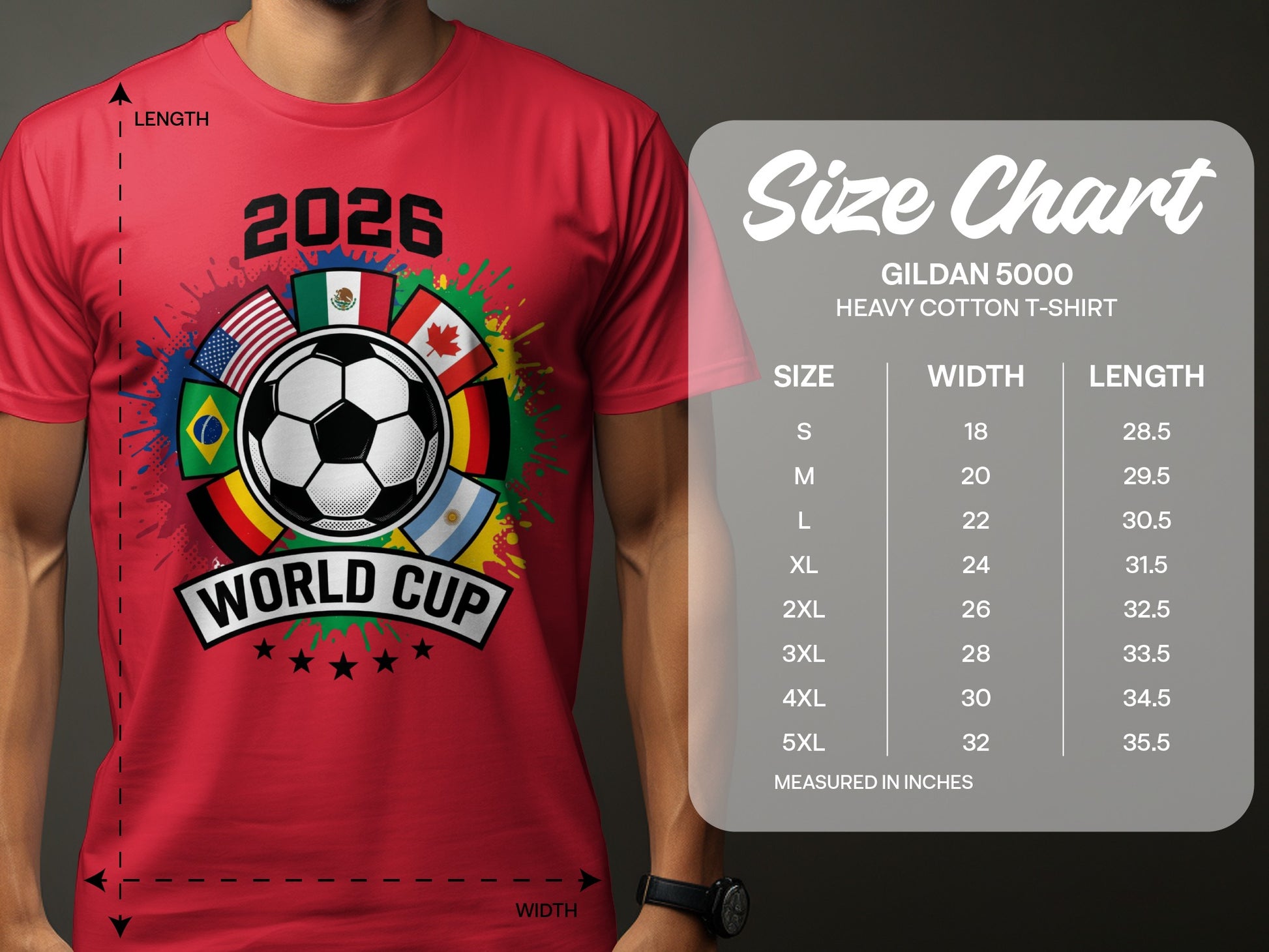 Red t-shirt with "2026 World Cup" and flags, next to a size chart.