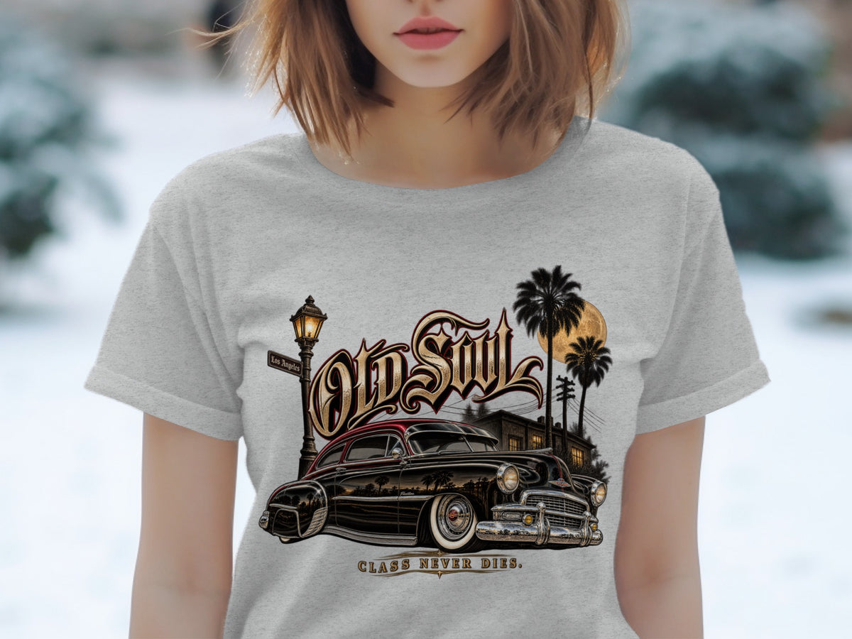 Black classic car with "Old Soul" text and "Class Never Dies" slogan on shirt.