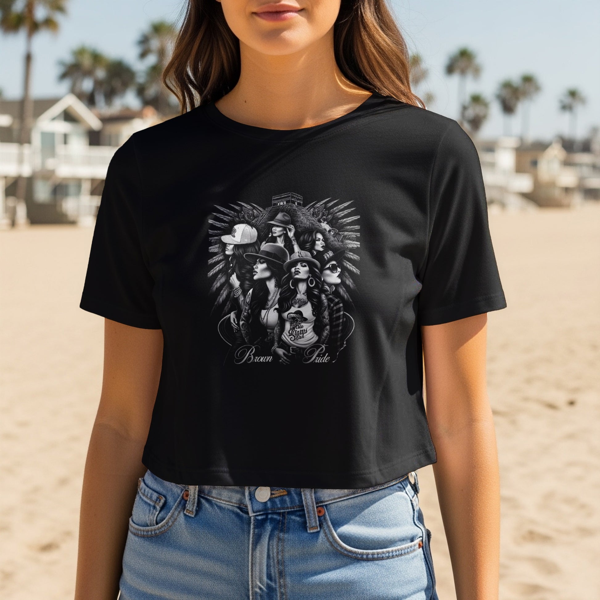 Black t-shirt with "Brown Pride" graphic featuring women in hats.