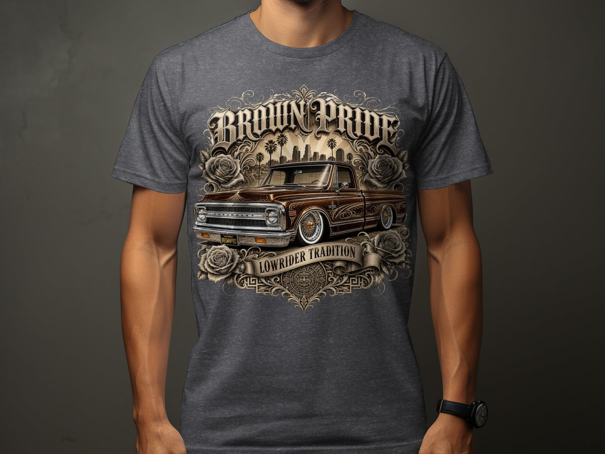 Brown Pride Lowrider Tradition graphic with vintage truck and roses.