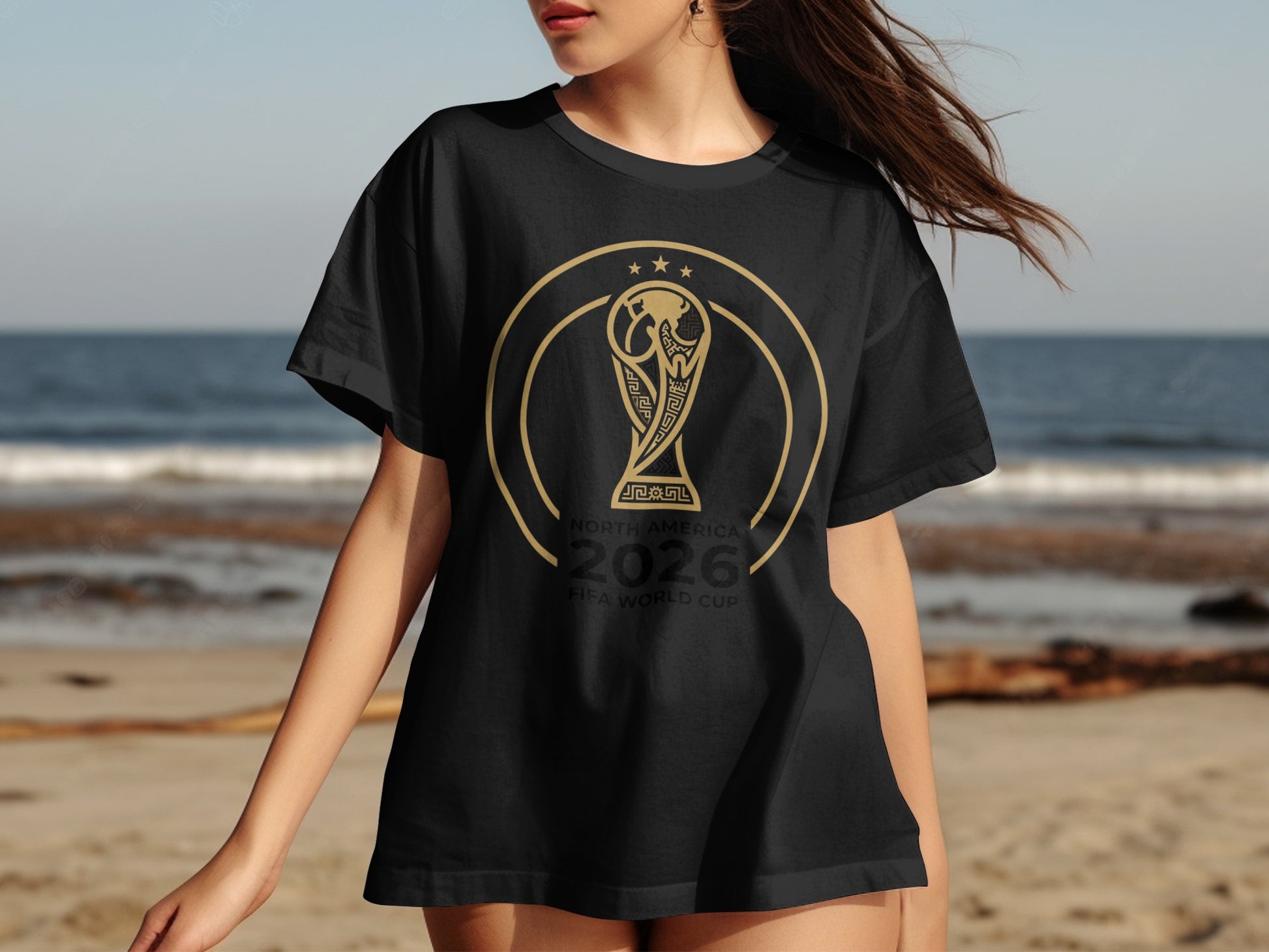 Black t-shirt with gold FIFA World Cup 2026 trophy logo.
