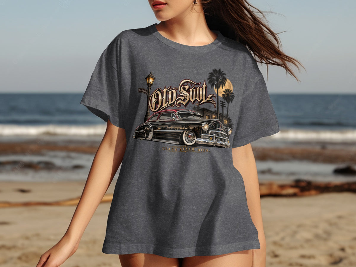 T-shirt with a graphic of a classic lowrider car, palm trees, and "Old Soul" text.