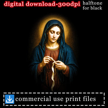 Virgin Mary in blue robe, hands working on ribbon, with text.