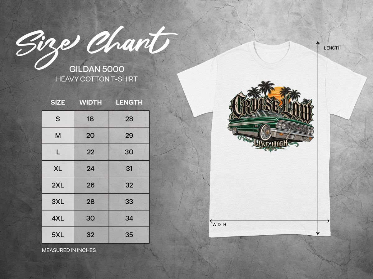 Gildan 5000 t-shirt size chart with measurements in inches and a graphic of a classic car.