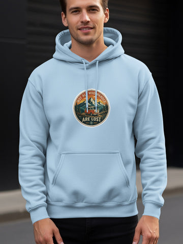 Light blue hoodie with "Not all who wander are lost" circular graphic.