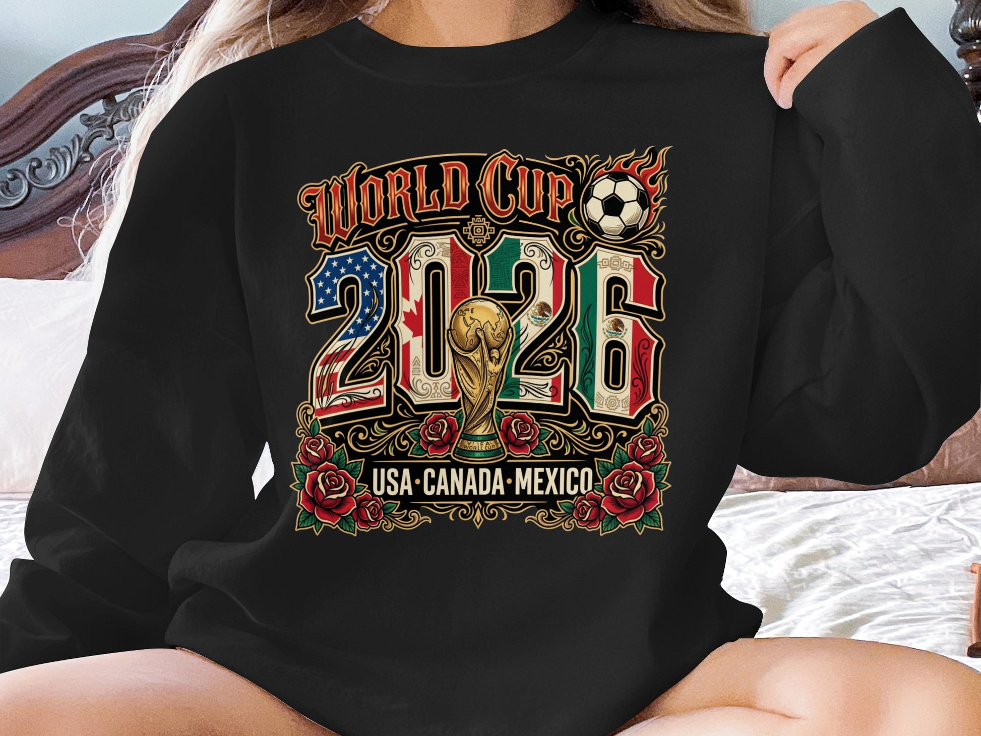 World Cup 2026 USA, Canada, Mexico graphic sweatshirt with trophy and soccer ball.