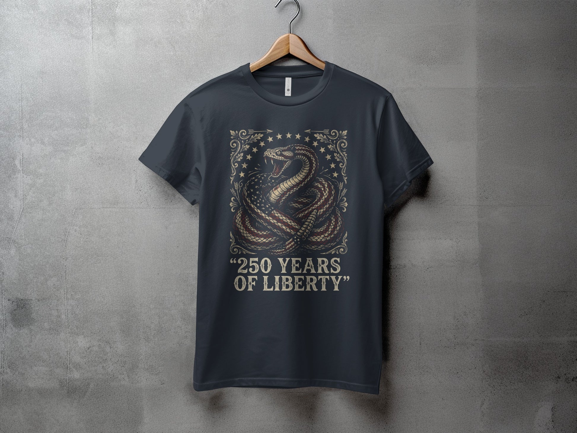 Dark t-shirt with rattlesnake and "250 YEARS OF LIBERTY" text.