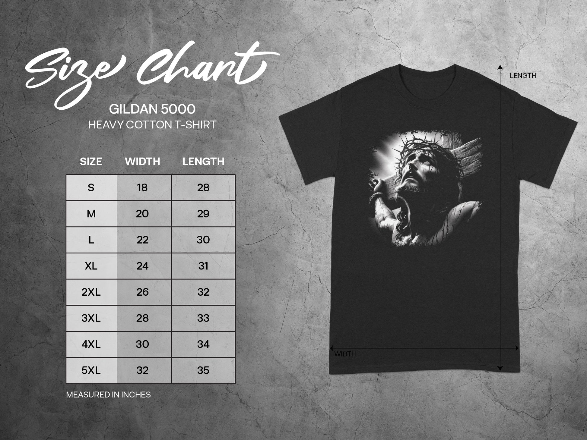 Gildan 5000 heavy cotton t-shirt size chart with measurements in inches.