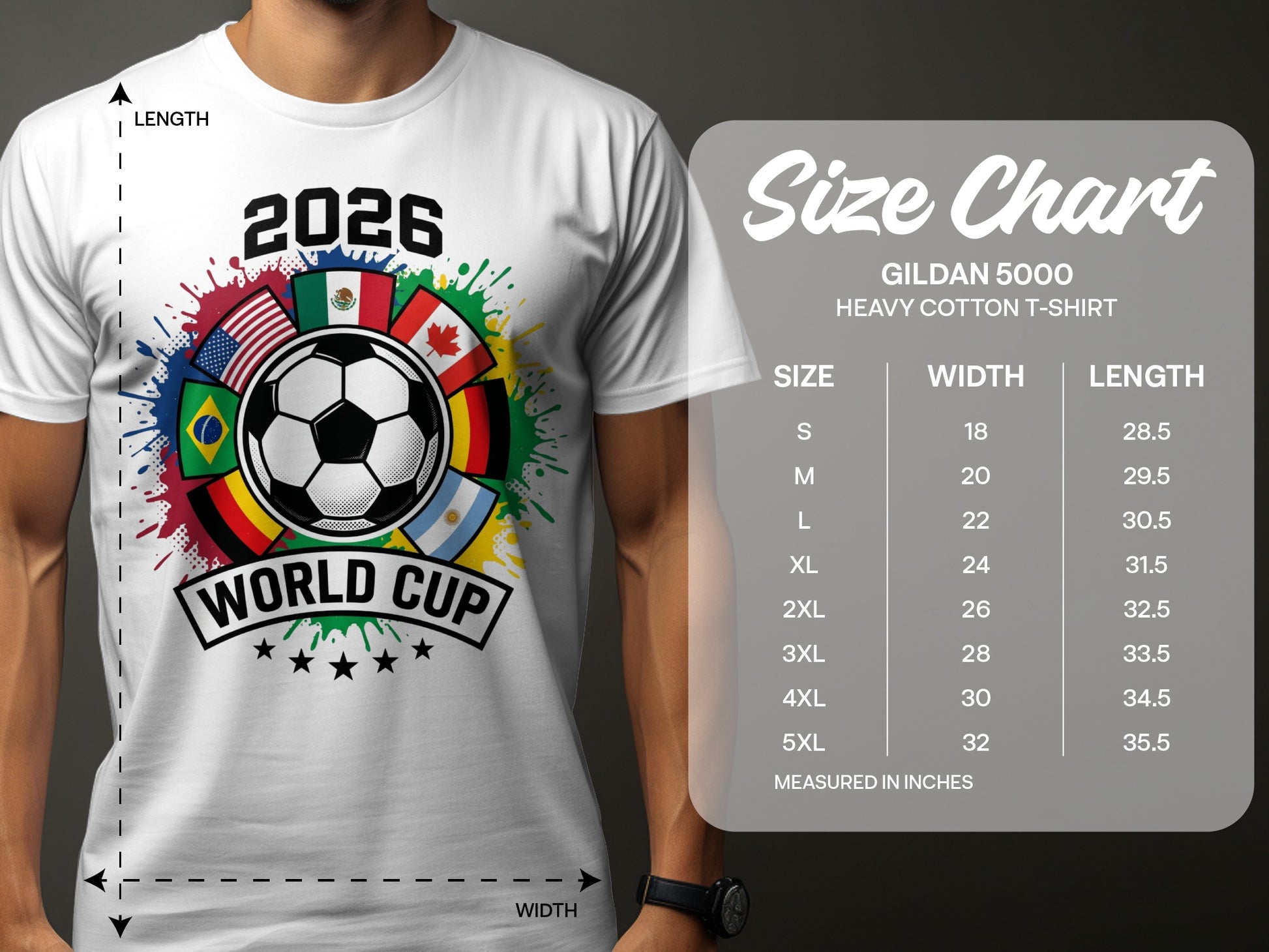 T-shirt size chart for Gildan 5000 Heavy Cotton with World Cup graphic.