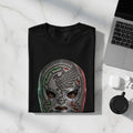 Black t-shirt with a close-up metallic luchador mask design.