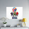 2026 World Cup mascots with USA, Mexico, and Canada flags.