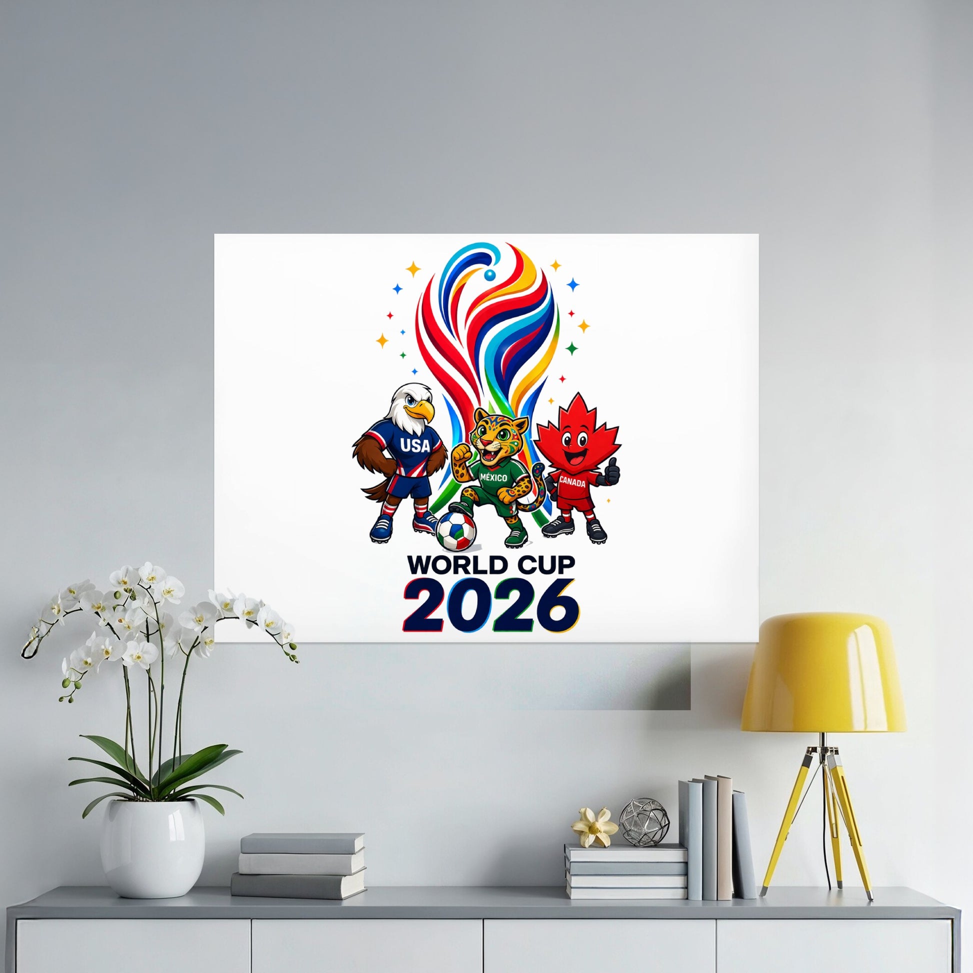 2026 World Cup mascots with USA, Mexico, and Canada flags.