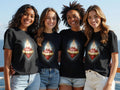 Four young women in black t-shirts featuring a Sacred Heart design.