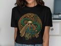T-shirt with Aztec pyramid and feathered serpent design.