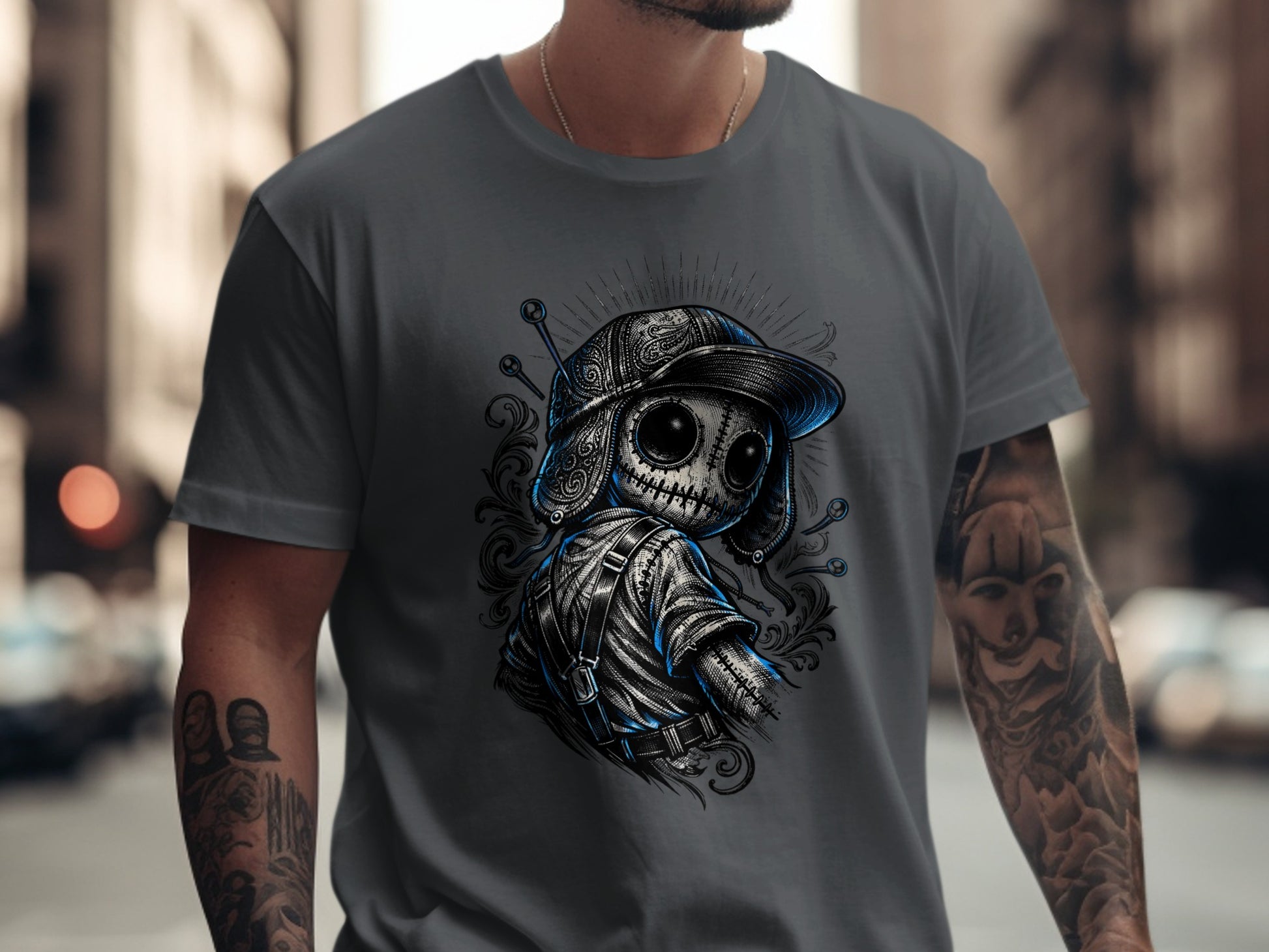 Dark t-shirt featuring a stylized voodoo doll with a baseball cap and tattoos.