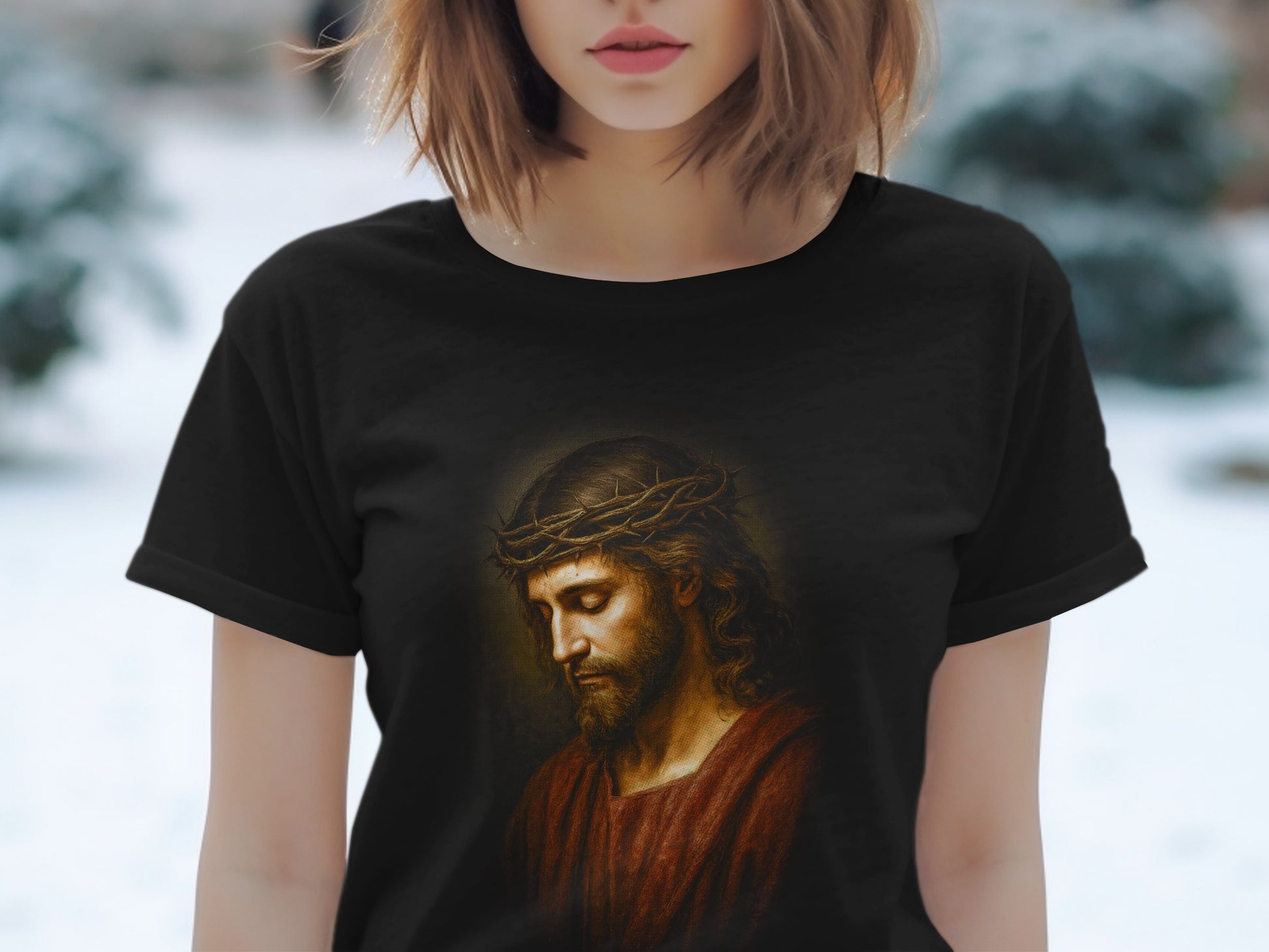 Black t-shirt with Jesus wearing a crown of thorns.
