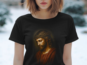 Black t-shirt with Jesus wearing a crown of thorns.