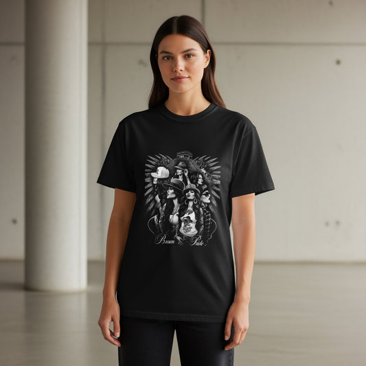 Black t-shirt with graphic of women in hats with "Brown Pride" text.