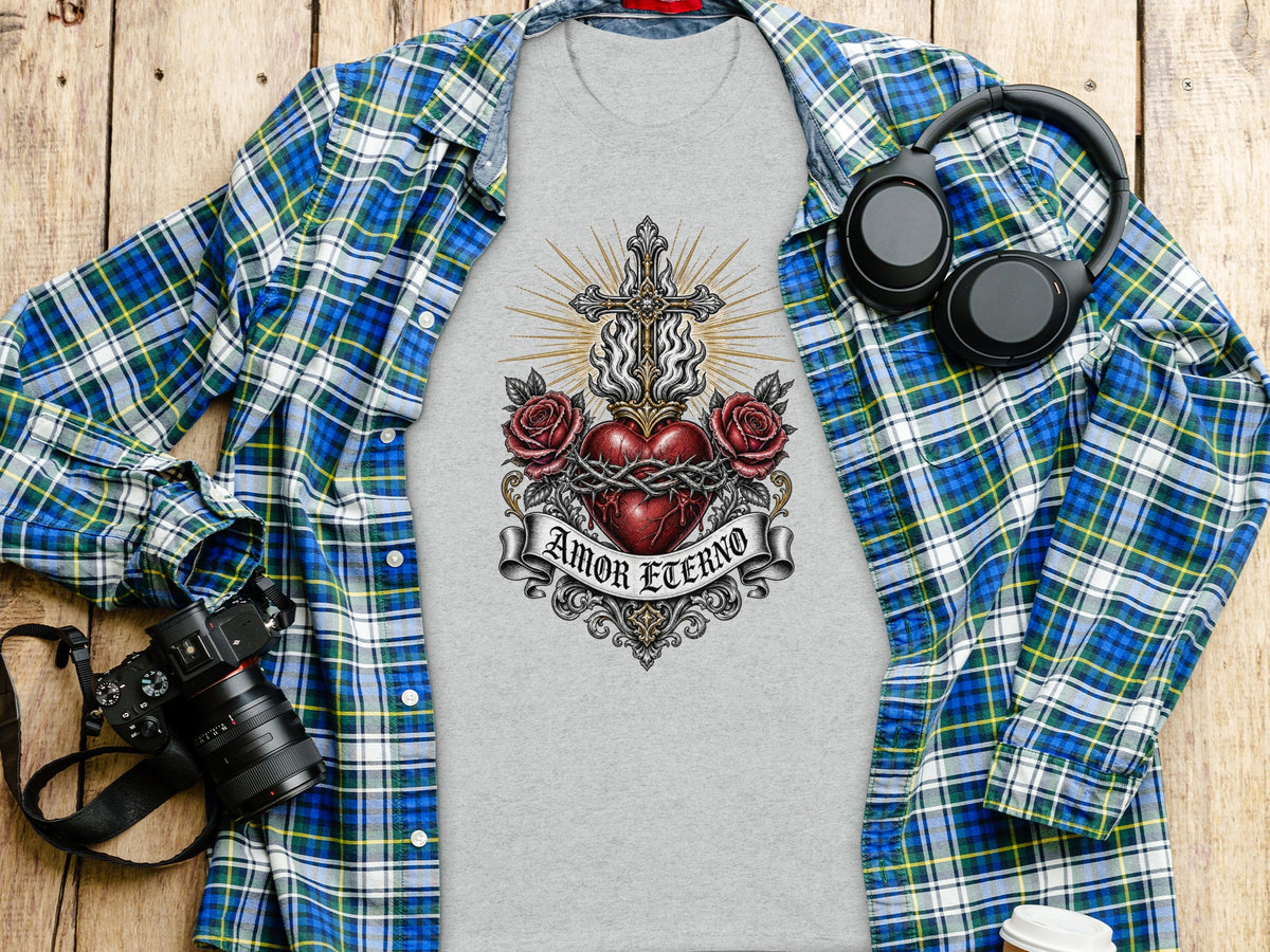 Grey t-shirt with "AMOR ETERNO" text and sacred heart design.