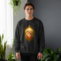 Black crewneck sweatshirt featuring a sacred heart design with roses and a sword.