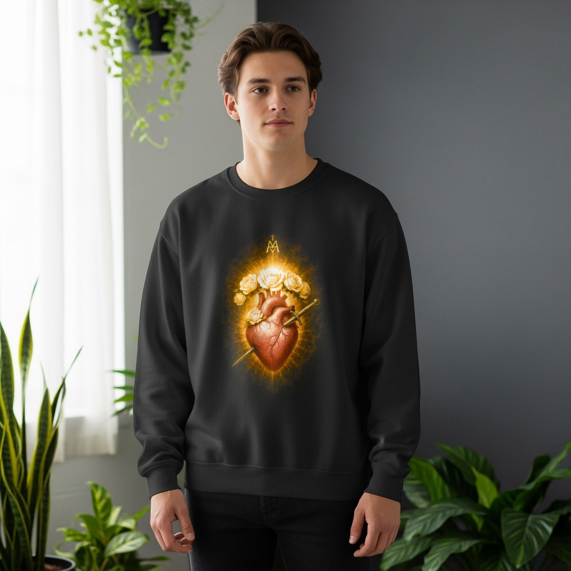 Black crewneck sweatshirt featuring a sacred heart design with roses and a sword.
