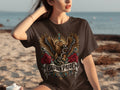 Brown t-shirt with an eagle, snake, roses, and 