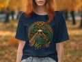 Navy t-shirt featuring a green feathered serpent and Mayan pyramid design.