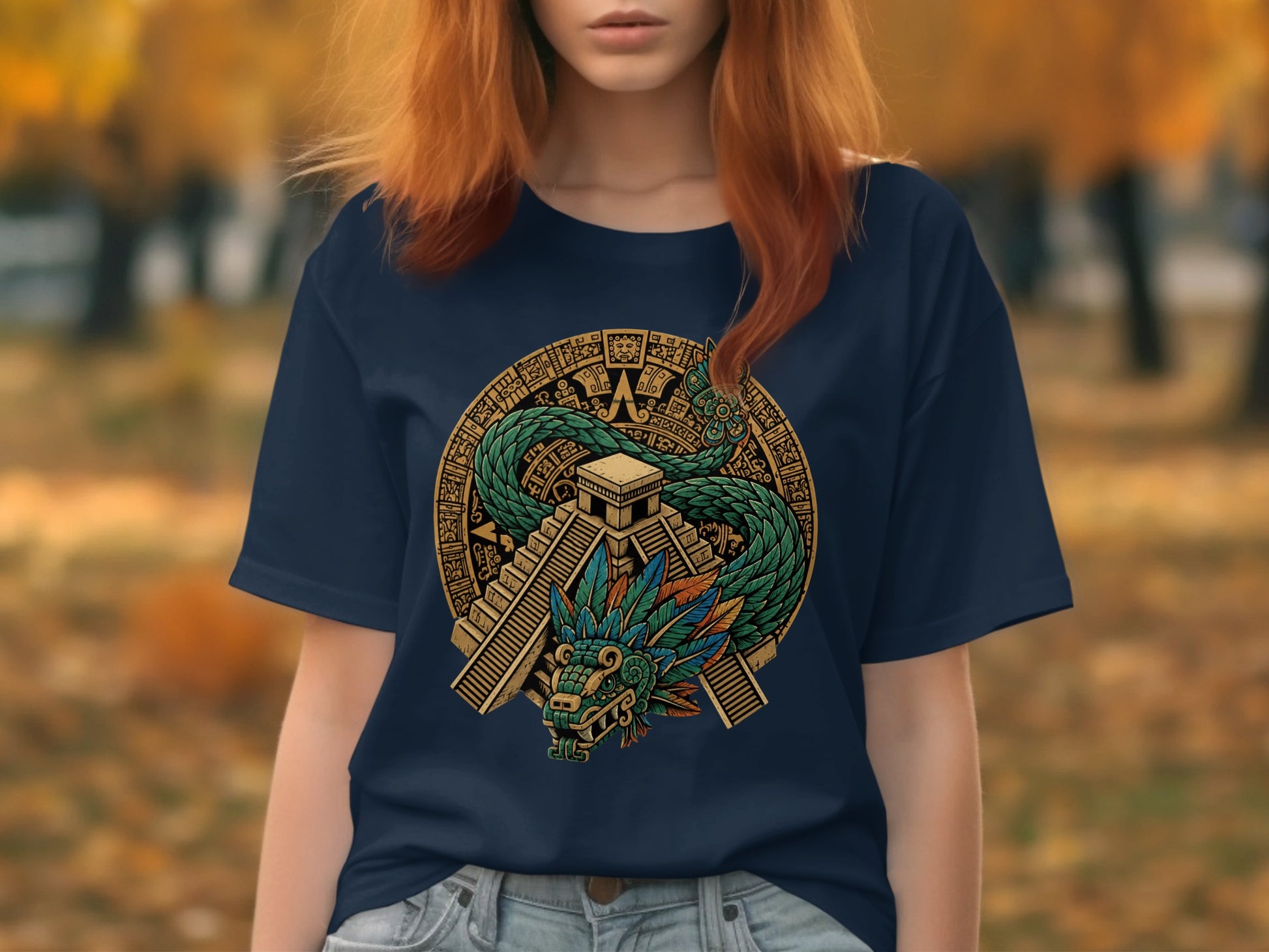 Navy t-shirt featuring a green feathered serpent and Mayan pyramid design.