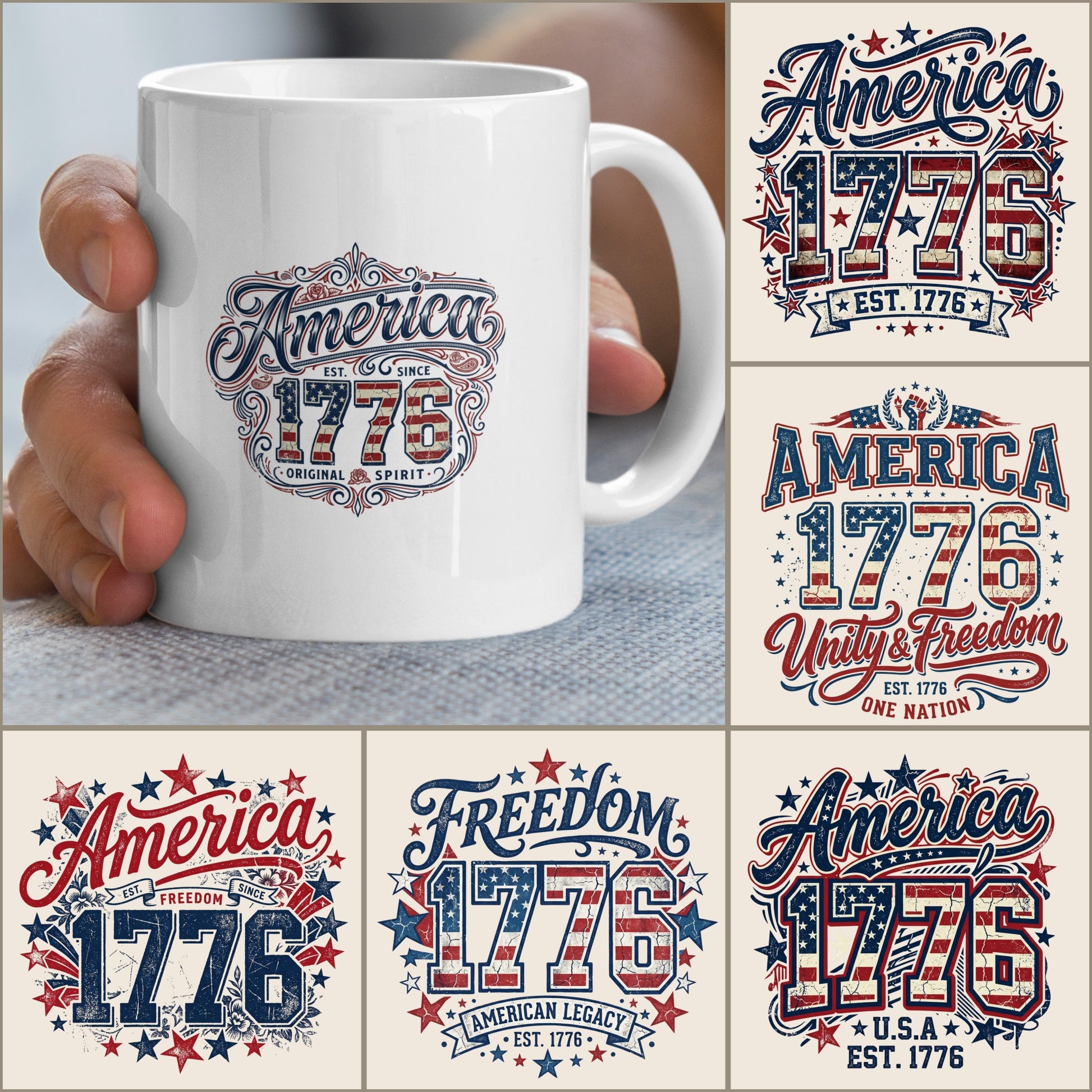 Mug with "America 1776" design, surrounded by five similar patriotic designs.