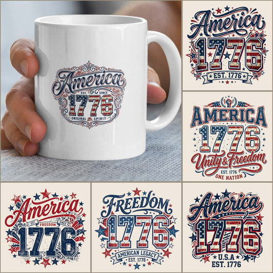 Mug with "America 1776" design, surrounded by five similar patriotic designs.