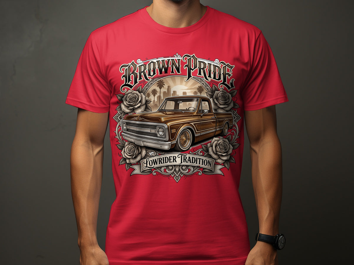 Red t-shirt with "Brown Pride" and "Lowrider Tradition" text, featuring a classic truck and roses.