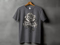 Dark grey t-shirt with a black and white rose and thorns graphic that says 