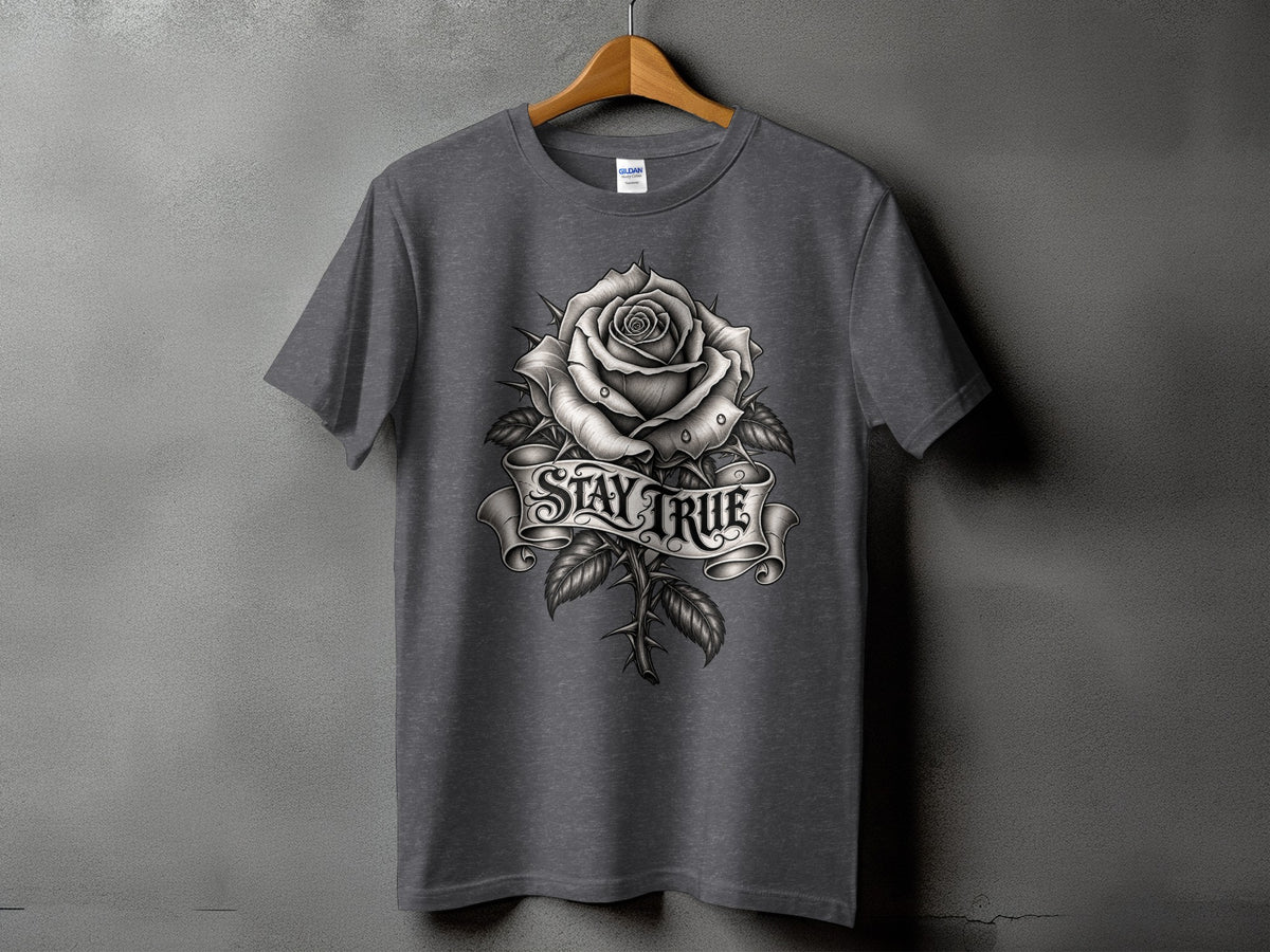 Dark grey t-shirt with a black and white rose and thorns graphic that says "STAY TRUE."