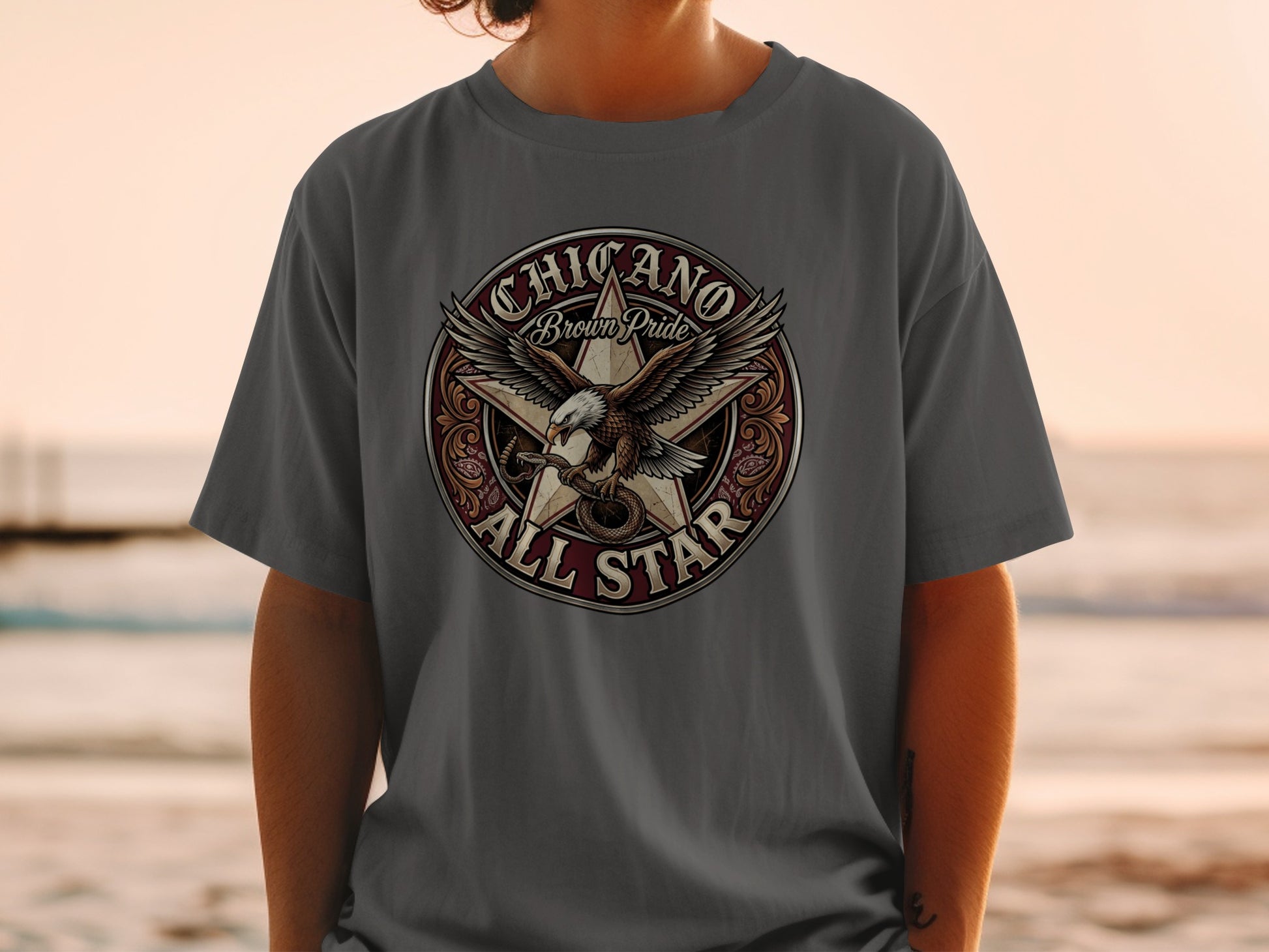 Brown All Star Chicano eagle emblem t-shirt.