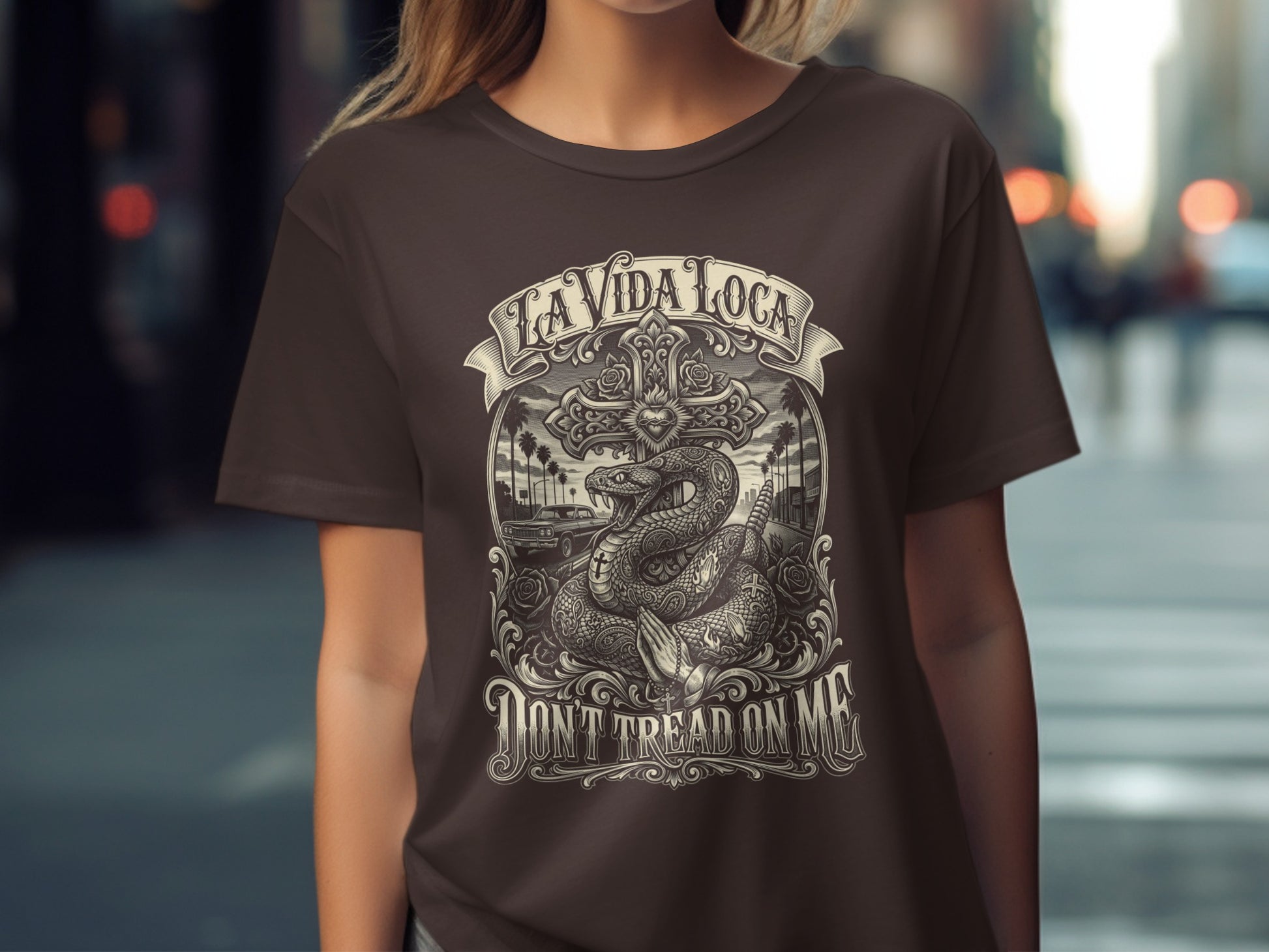 La Vida Loca Don't Tread on Me t-shirt design with snake and cross.