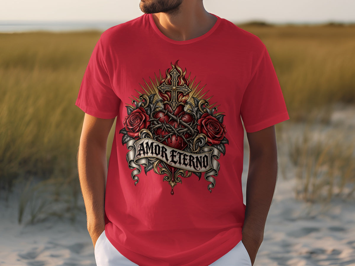 Red t-shirt with a sacred heart, roses, cross, and "AMOR ETERNO" text.