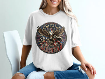 White t-shirt with circular "Chicano Brown Pride All Star" graphic featuring eagle and stars.