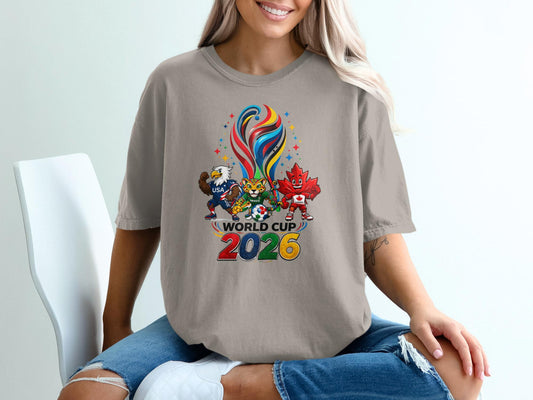 World Cup 2026 T-Shirt, USA Mexico Canada Mascots, Eagle Jaguar Maple Leaf Design, Soccer Fan Gear, Global Football Event, FIFA