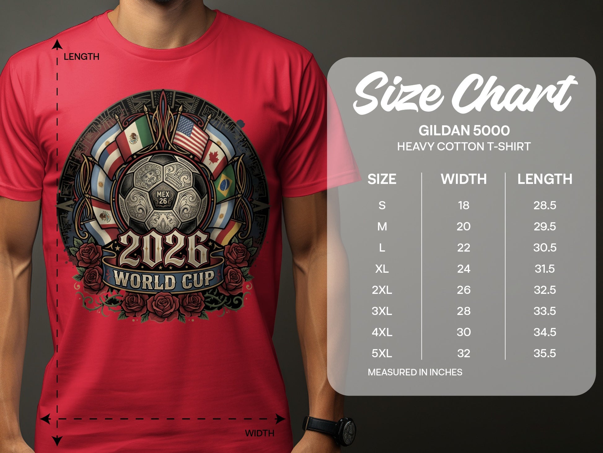 Red t-shirt with 2026 World Cup graphic and size chart.