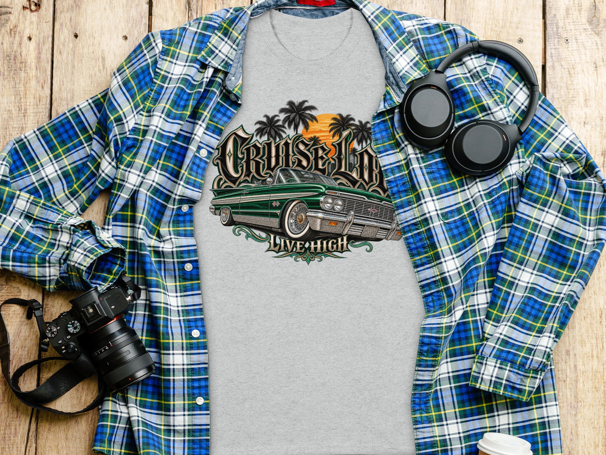 Gray t-shirt with "CRUISE LO LIVE HIGH" graphic featuring a green convertible and palm trees.