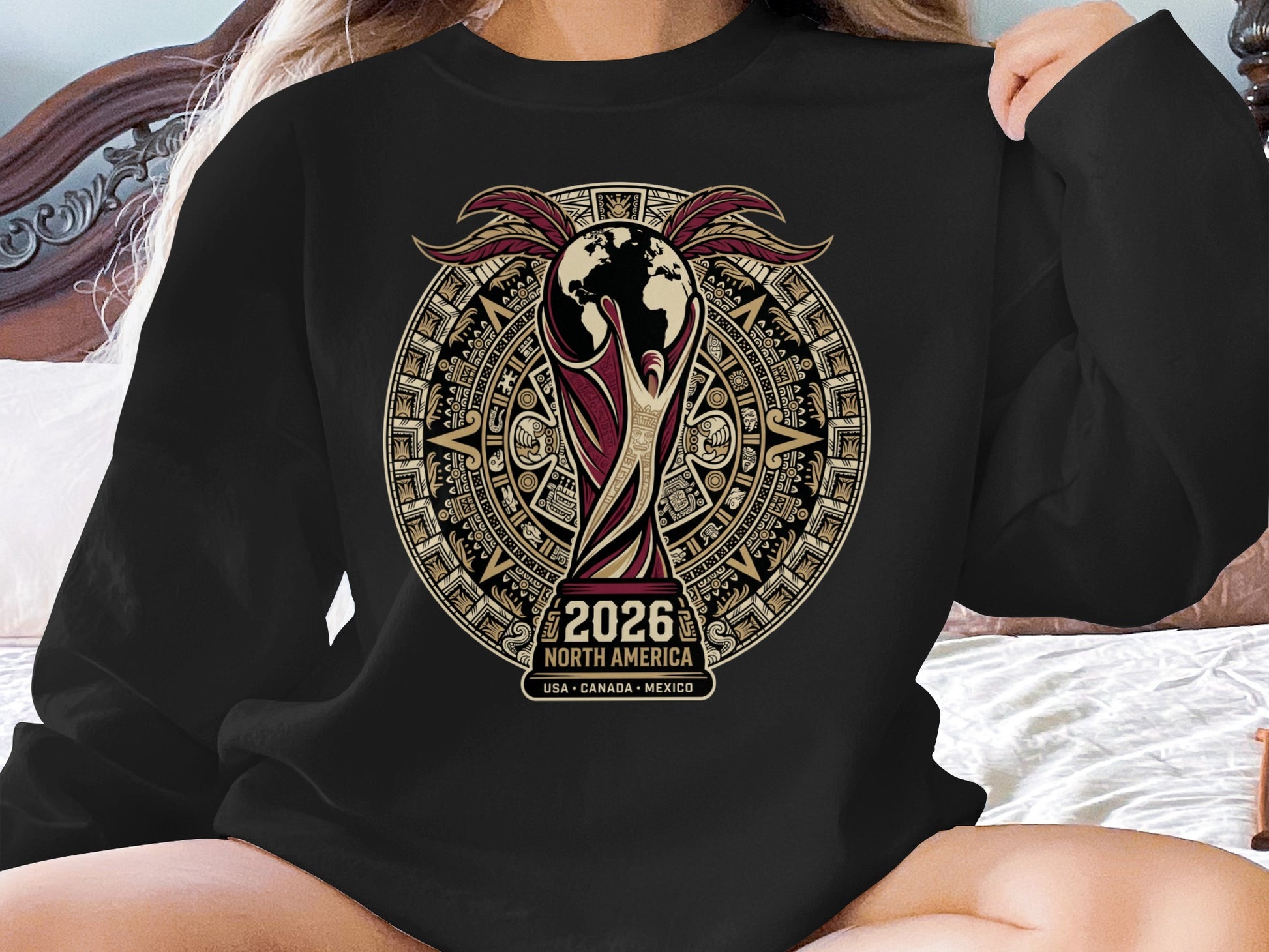 Sweatshirt with 2026 FIFA World Cup logo featuring the trophy and North American countries.